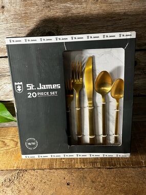 NEW 20 Pce ST JAMES Gold Stainless Flatware Set - Minimalist Monterey Pattern